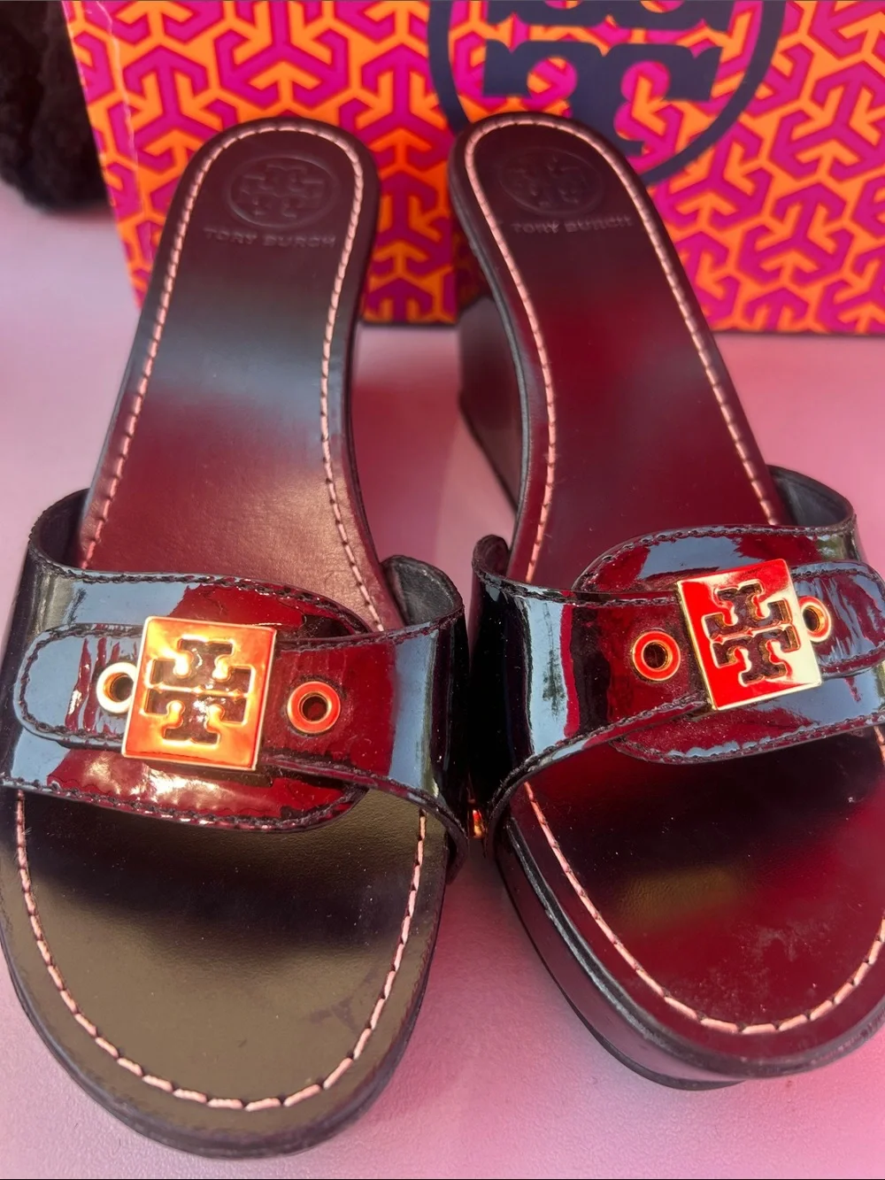Tory Burch Black Patent Slide Sandals with Red Logo